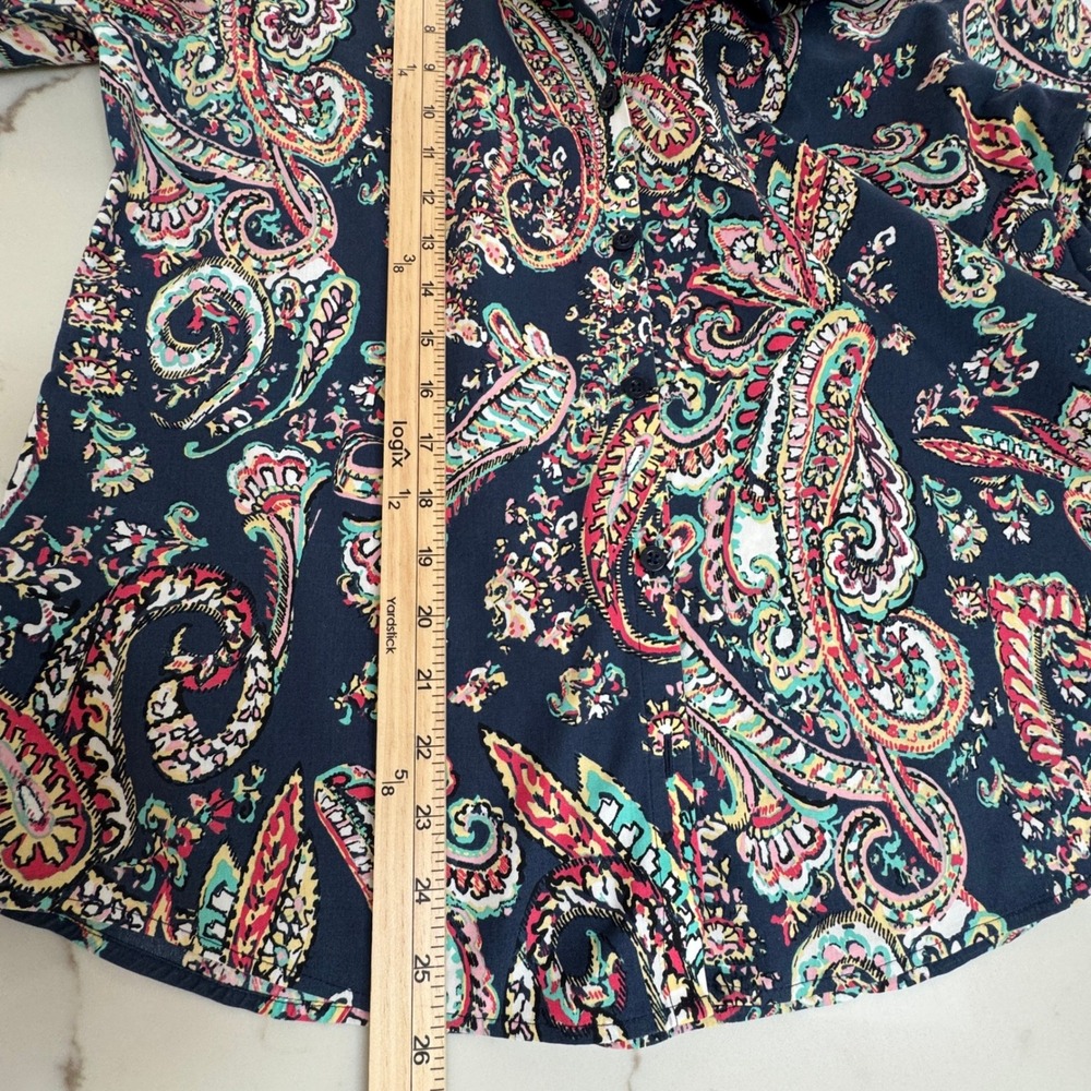 Chico's Paisley Button up Shirt Size 1 Navy Blue No-Iron Cotton Long Sleeve - Picture 3 of 9